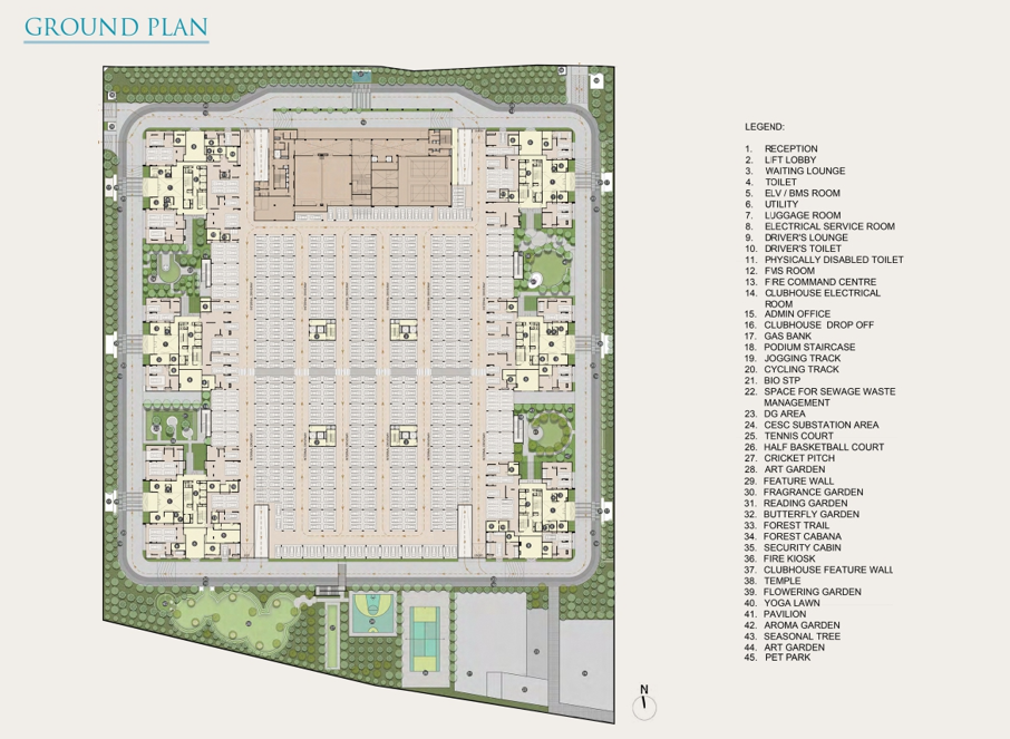 Utpalaa master plan and ground plan illustration highlighting residential towers, landscaped gardens, swimming pools, recreational amenities, parking layout, and internal pathways within the project.