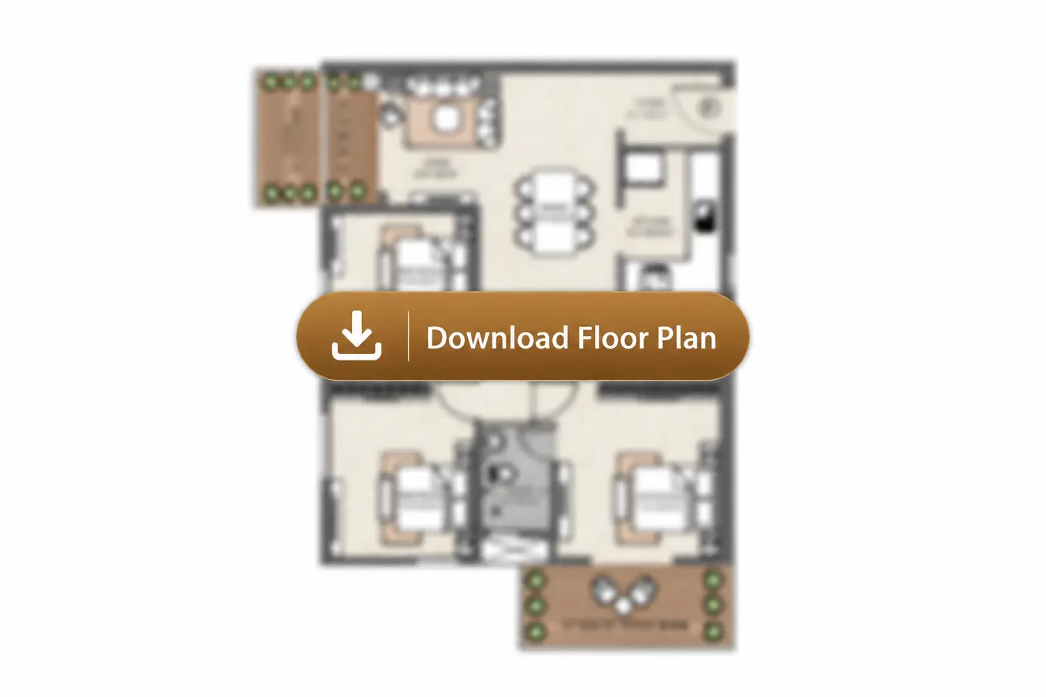 3BHK floor plan of Vinayak 21 Acres featuring three bedrooms, two toilets, a spacious living and dining area, modular kitchen, balcony, and dual sky terraces. The layout includes bedrooms sized 10’8” x 8’2”, 10’6” x 11’0”, and 10’0” x 12’0”, with a central living/dining area measuring 9’0” x 20’5”. The plan also features a 4’0” wide balcony and two 5’0” wide sky terraces designed for outdoor seating and greenery.