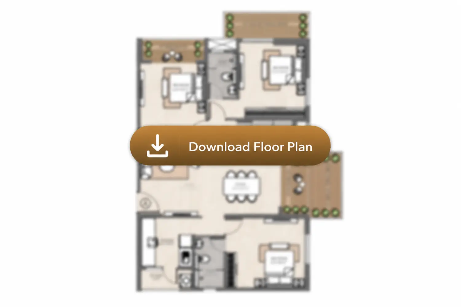 3BHK floor plan of Vinayak 21 Acres featuring three bedrooms, three toilets, a separate living and dining area, modular kitchen, balconies, and dual sky terraces. The layout includes bedrooms measuring 10’3” x 12’2”, 11’0” x 10’0”, and 12’3” x 10’1”. The home features a living area of 11’0” x 10’5”, dining area of 11’0” x 9’5”, a 4’0” wide balcony, and two spacious 5’0” wide sky terraces designed with seating and greenery for outdoor relaxation.