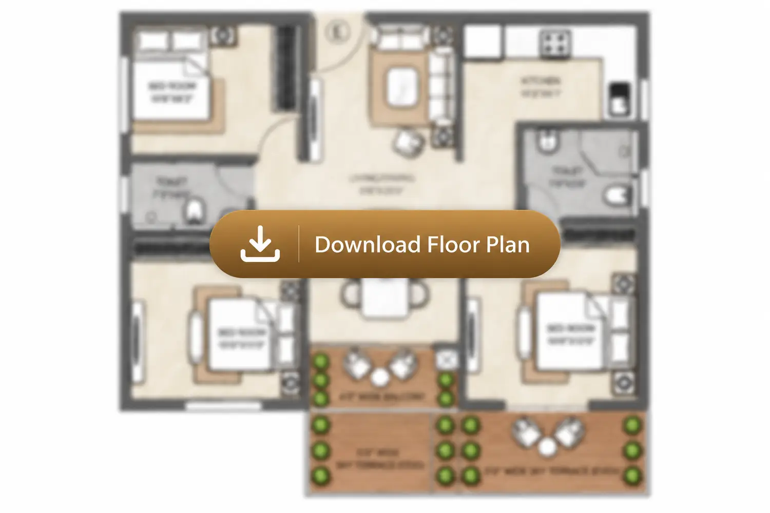3BHK floor plan of Vinayak 21 Acres featuring three bedrooms, three toilets, a separate living and dining area, modular kitchen, balconies, and dual sky terraces. The layout includes bedrooms measuring 10’3” x 12’2”, 11’0” x 10’0”, and 12’3” x 10’1”. The home features a living area of 11’0” x 10’5”, dining area of 11’0” x 9’5”, a 4’0” wide balcony, and two spacious 5’0” wide sky terraces designed with seating and greenery for outdoor relaxation.